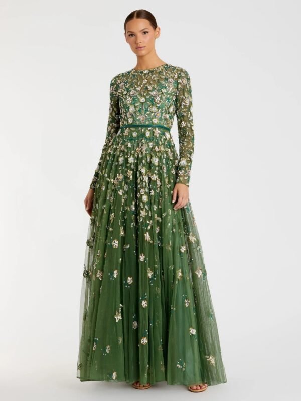Green Embellished High Neck Long Sleeve A Line Gown