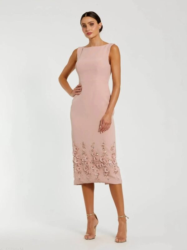 Pink Crepe Sleeveless Midi Dress With Flower Beading