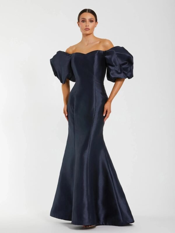 Navy Sweetheart Off The Shoulder Puff Sleeve Gown
