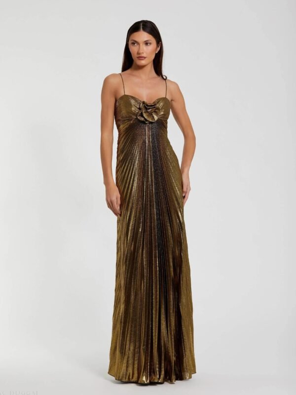 Gold Metallic Pleated Gown with 3D Flower