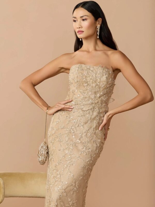 Gold Strapless Embellished Lace Gown With 3D Flower