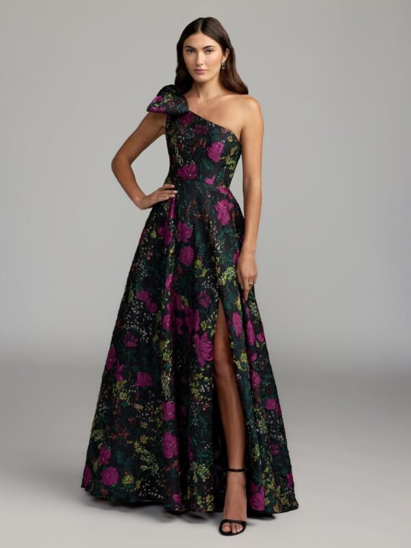 Black One Shoulder Brocade Floral Gown With Bow