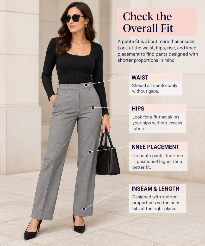 Petite pants fit guide showing waist, hips, knee placement, and inseam proportions