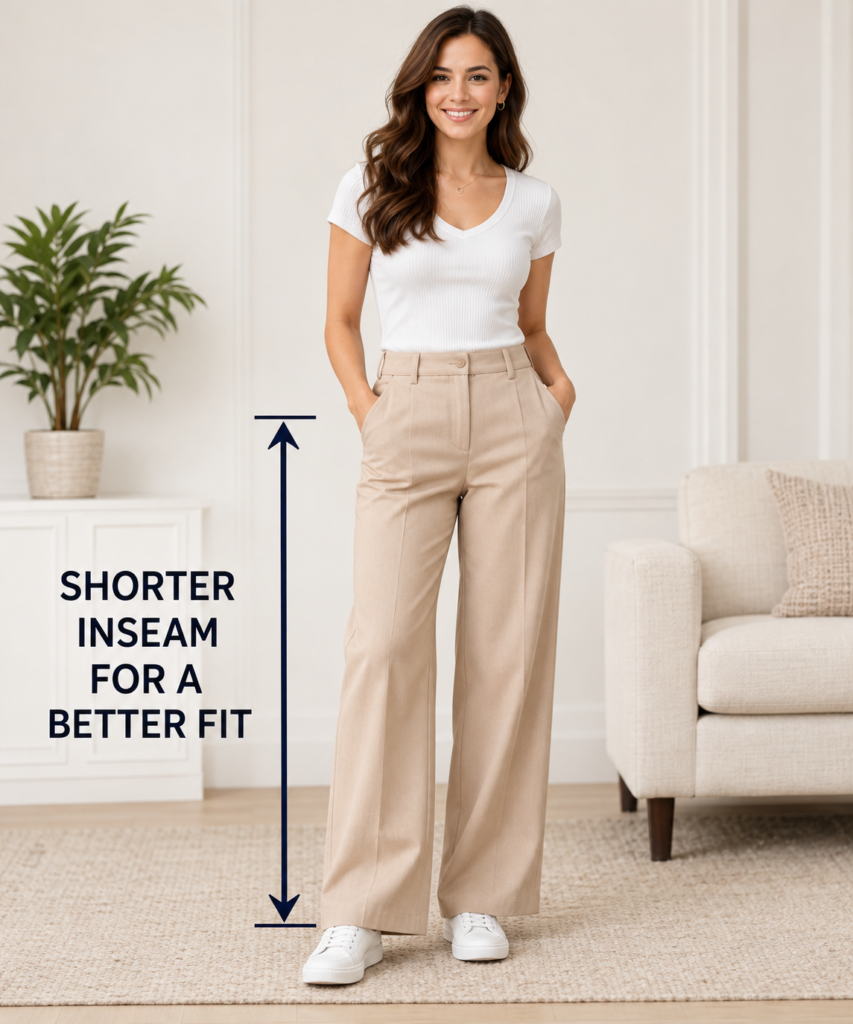 Petite woman wearing beige pants with a shorter inseam measurement guide