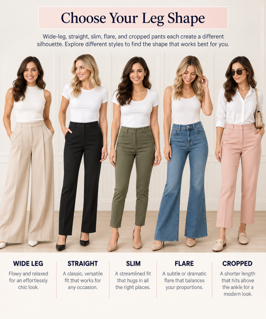 Petite pants style guide comparing wide-leg, straight, slim, flare, and cropped pants
