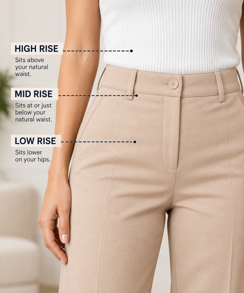 Petite pants rise guide comparing high-rise, mid-rise, and low-rise waist placement