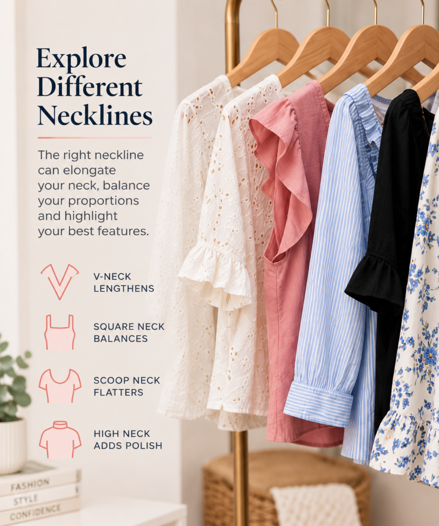 Petite tops neckline guide featuring V-neck, square neck, scoop neck and high-neck styles for petite women.