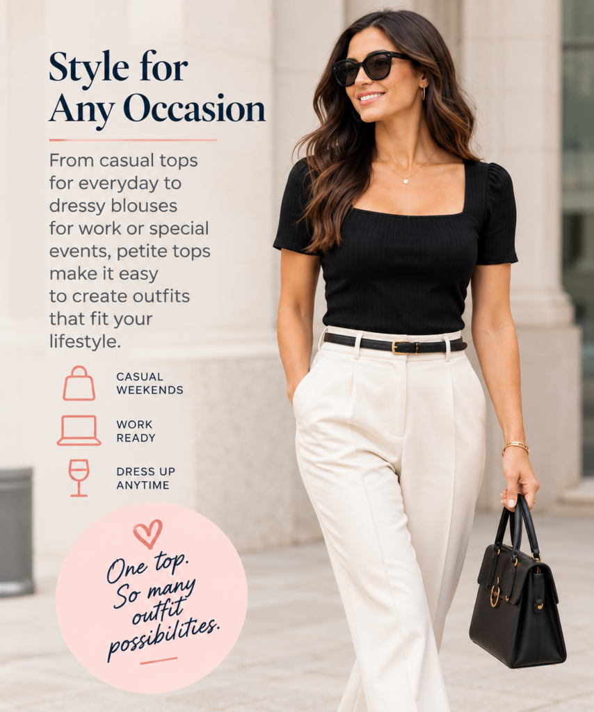 Petite tops styling guide showing a black petite top styled with trousers for casual, work and dressy outfits.