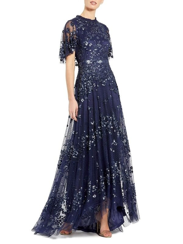 Mac Duggal Petite Sequined High Neck Flutter Sleeve A Line Gown