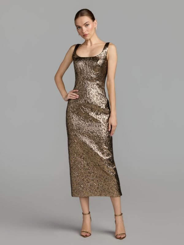 Gold Metallic Scoop Neck Brocade Midi Dress