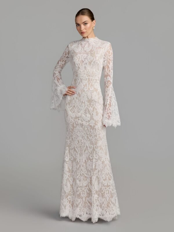 Ivory Nude Mock Neck Long Sleeve Lace Gown