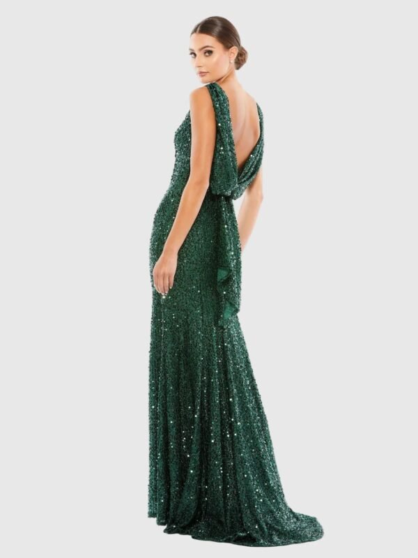 Emerald Cowl Back Sequined Evening Gown