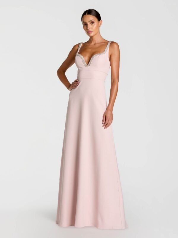 Petite Dusty Rose Crepe A-Line Gown With Rhinestone Trim