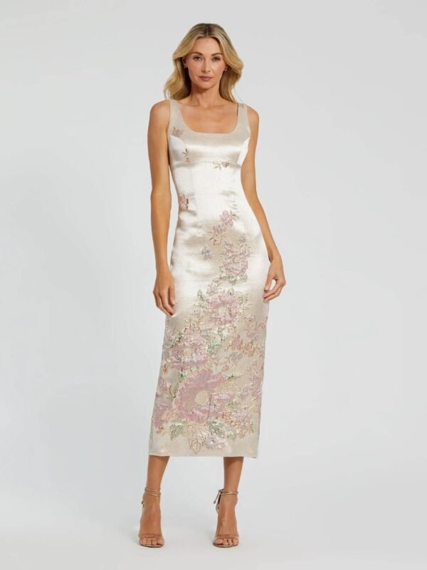 Petite Champagne Multi Slim Strap Scoop Neck Bustier Brocade Midi Dress