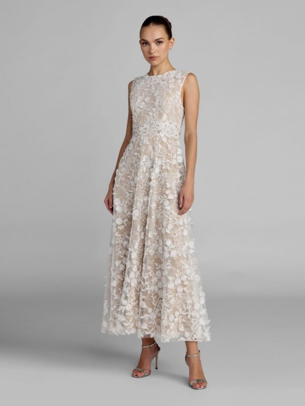Petite Ivory Nude Floral Embroidered High Neck Midi Dress