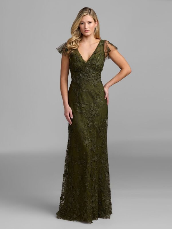 Petite Olive Floral Embroidered Flutter Sleeve Gown