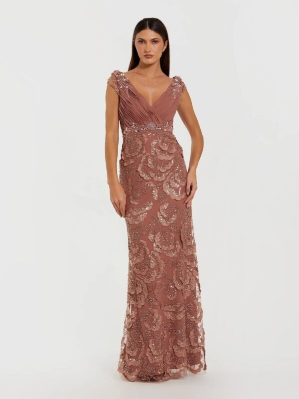 Rose Floral Beaded Chiffon V-Neck Evening Gown