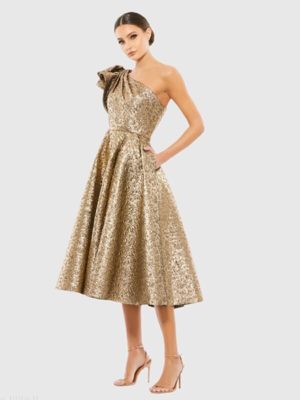 Antique Bronze Metallic Ruffle One Shoulder Midi Dress