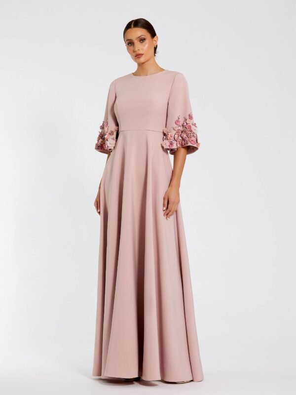 Petite Rose Pink Crepe 3/4 Sleeve A-line Gown With Flower Trim
