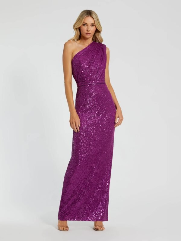Petite Purple Sequined Ruched One Shoulder Gown