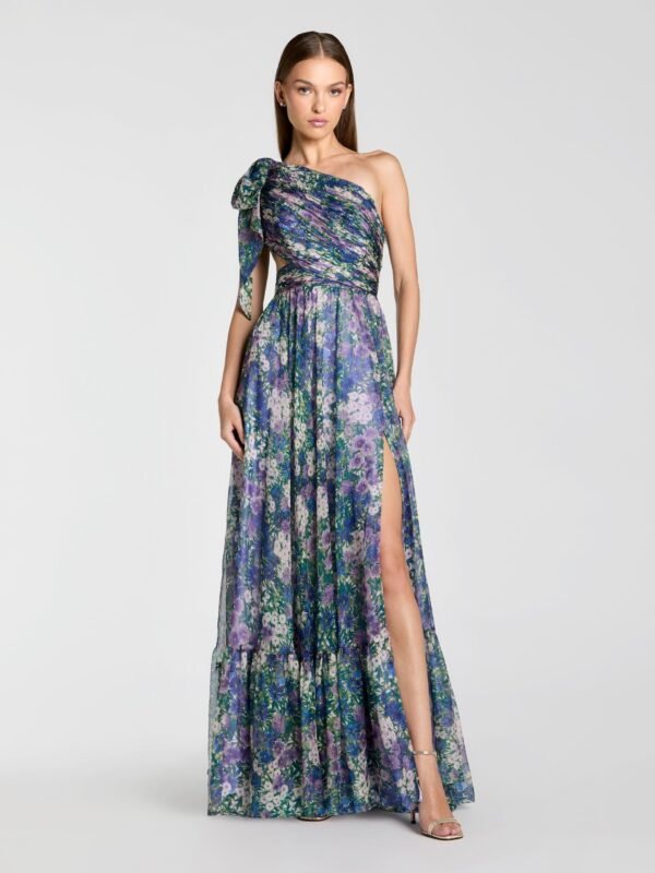 Petite Lilac Multi One Shoulder Floral Printed Chiffon Side Cut Out Gown