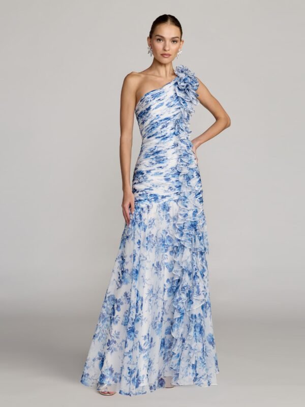 Petite Blue Multi Ruched Floral Chiffon Gown With 3D Ruffles