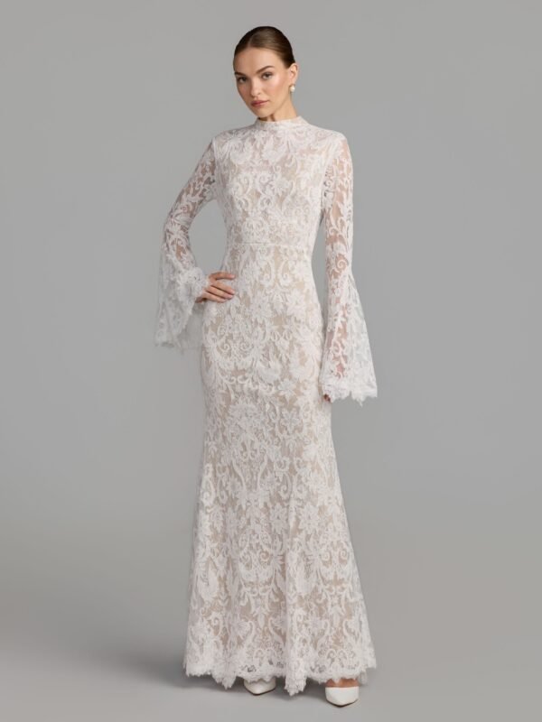 Petite Ivory Nude Mock Neck Long Sleeve Lace Gown