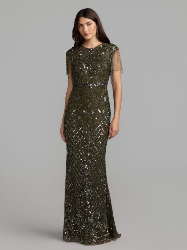 Olive High Neck Beaded Fringe Fitted Gown