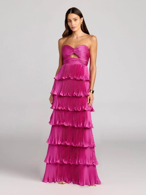 Fuchsia Strapless Pleated Charmeuse Tiered Ruffle Gown