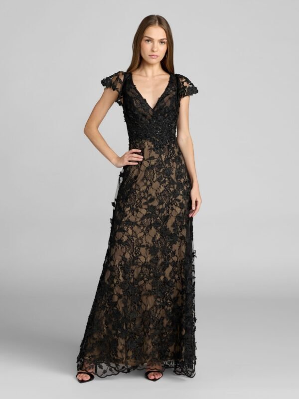 Petite Black Nude Floral Embroidered Lace Flutter Sleeve Gown