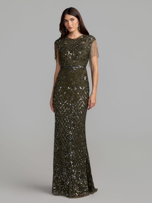 Petite Olive High Neck Beaded Fringe Fitted Gown