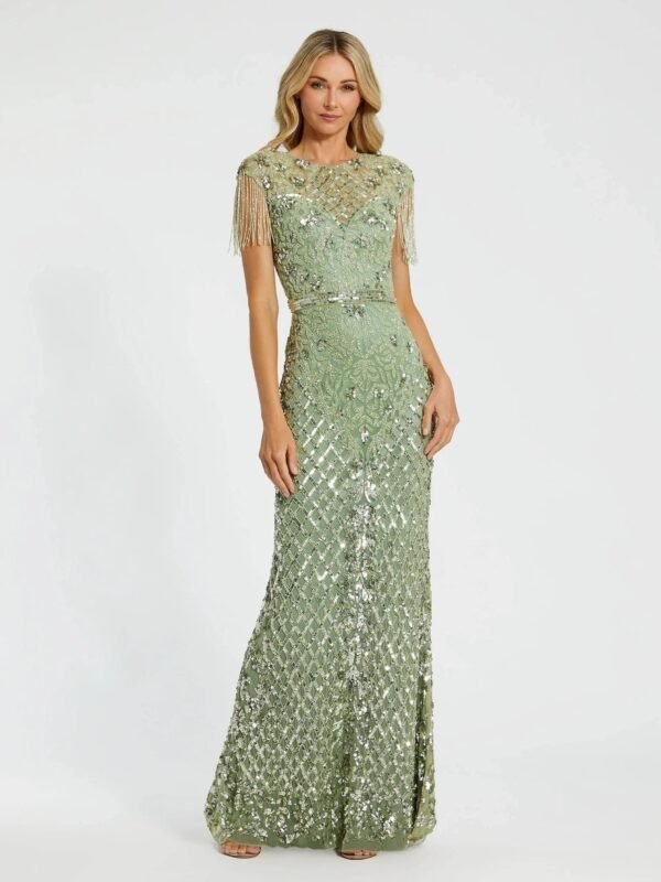 Petite Sage High Neck Beaded Fringe Fitted Gown