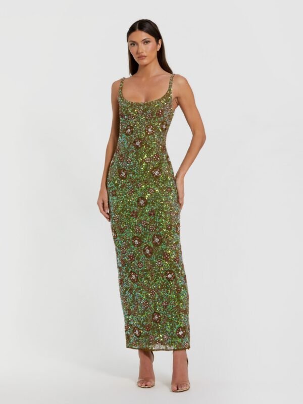 Petite Olive Sleeveless Hand Embellished Floral Maxi Dress