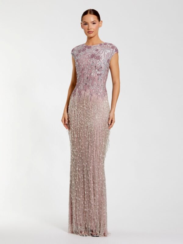 Petite Vintage Lilac Embellished Cap Sleeve Gown With Fringe Beading