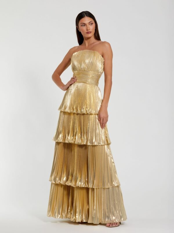 Petite Gold Strapless Pleated Metallic Ruffle Gown