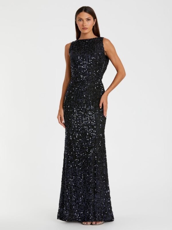 Petite Midnight Sleeveless Cowl Back Sequin Evening Gown