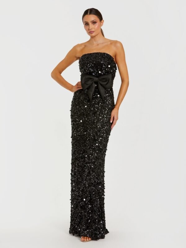 Petite Black Strapless Sequin Evening Gown With Bow