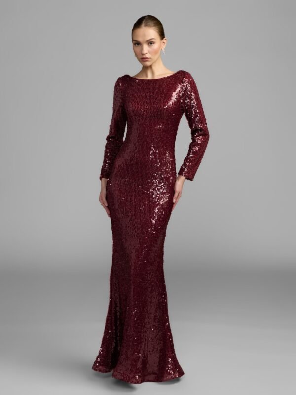 Petite Ruby Long Sleeve Cowl Back Sequin Gown