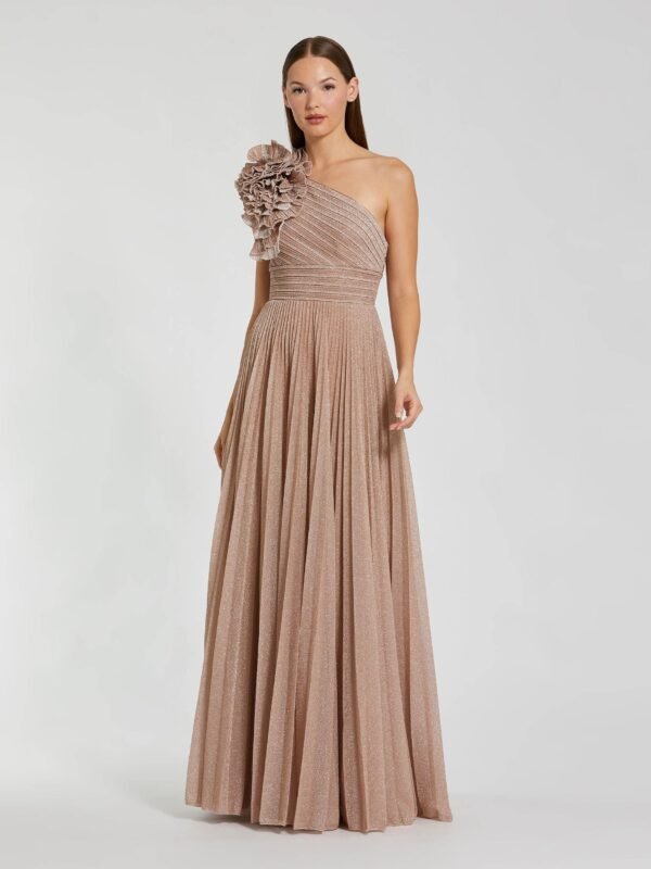 Champagne Pleated One Shoulder Ruffle Gown