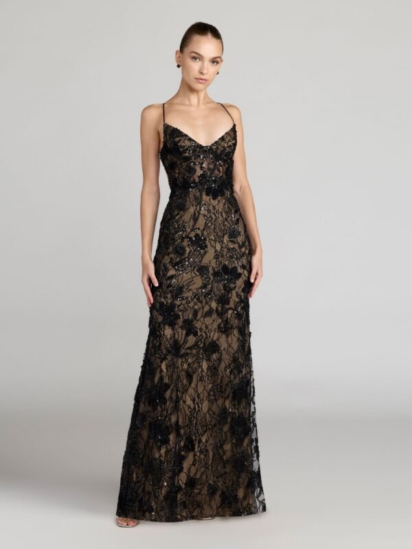 Petite Black Nude Sleeveless Embellished Open Back Column Gown