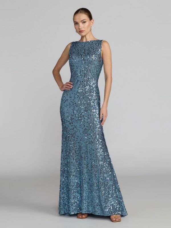 Petite Fusion Blue Cowl Back Boat Neck Sequined Evening Gown