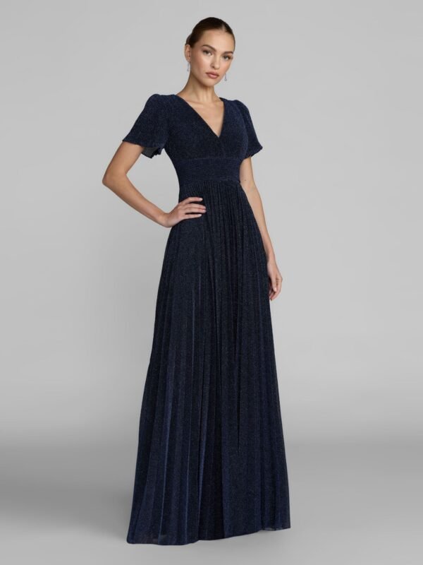 Midnight Pleated Metallic Flutter Sleeve A Line Gown