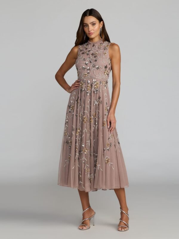Petite Taupe Embellished High Neck Sleeveless Midi Dress