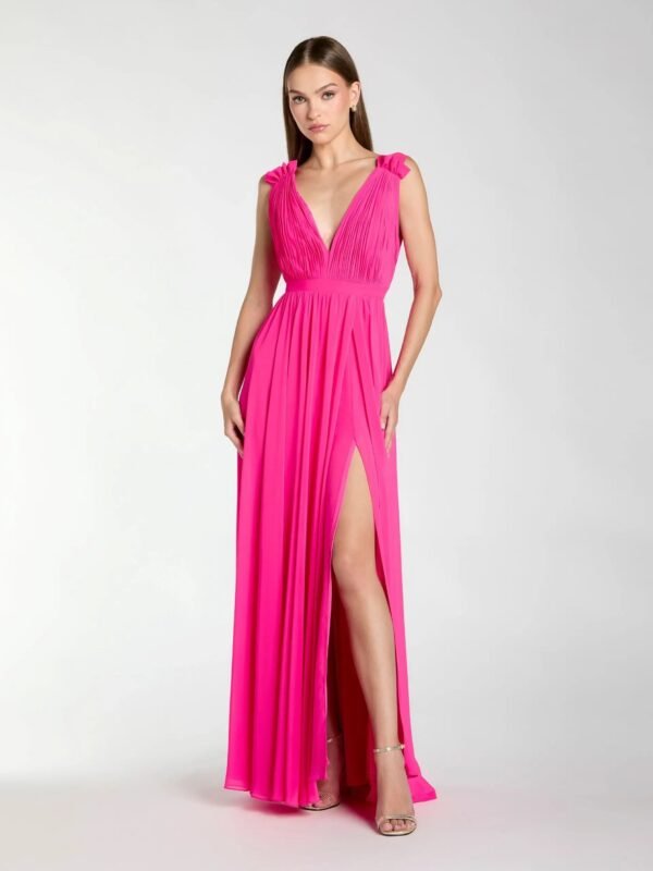 Hot Pink Sleeveless Pleated Chiffon V-Neck Gown