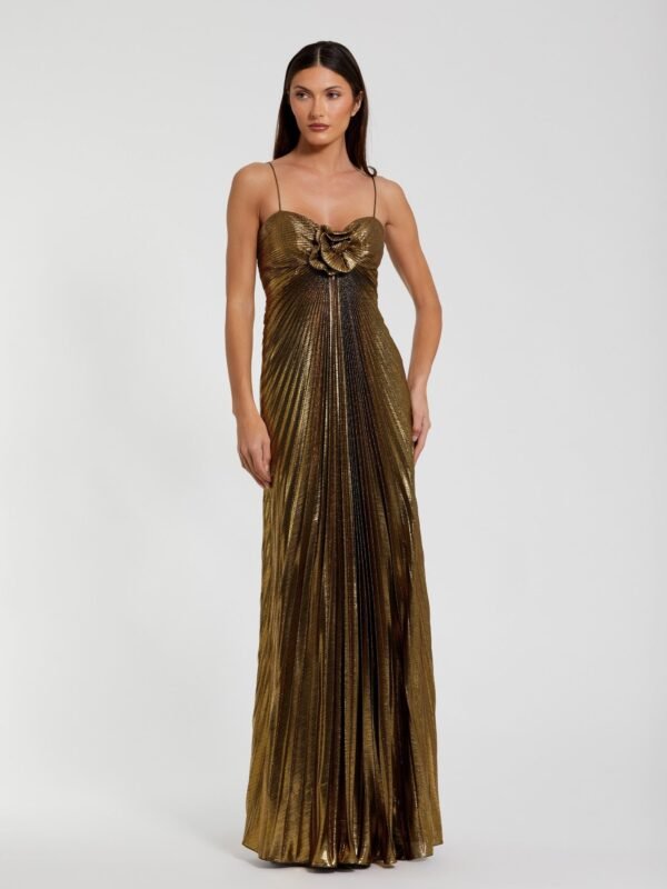 Petite Antique Gold Metallic Pleated Gown with 3D Flower