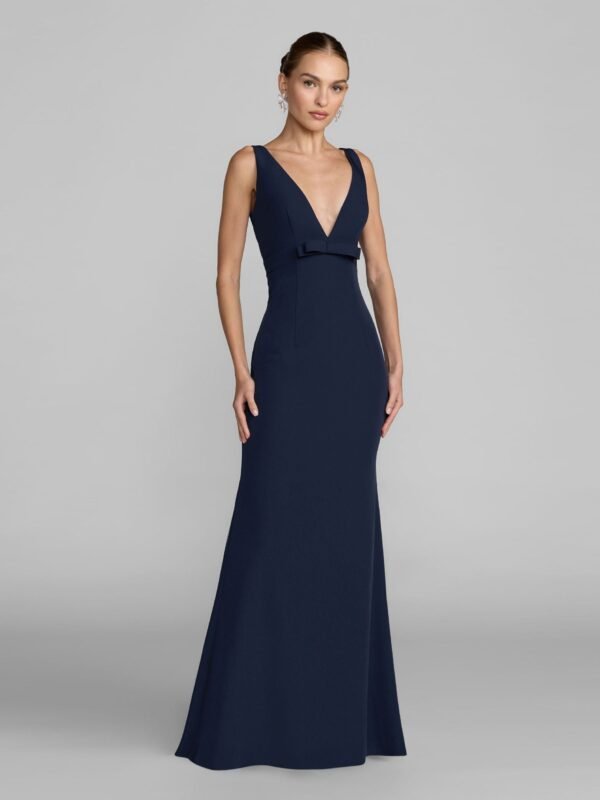 Midnight Crepe V-Neck Mermaid Gown With Bow
