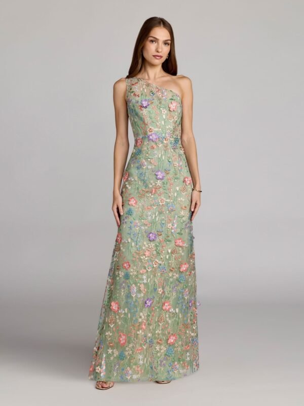 Petite Sage Multi One Shoulder Floral Embroidered Gown