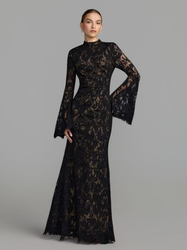 Petite Black Nude Mock Neck Long Sleeve Lace Gown