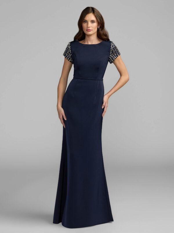 Midnight Beaded Cap Sleeve Satin Column Gown