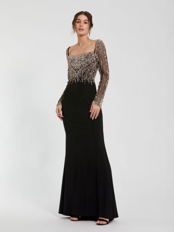 Petite Black Gold Beaded Square Neck Long Sleeve Jersey Gown